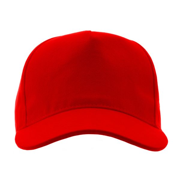 Boné para adulto de 5 paineis, na cor vermelha.