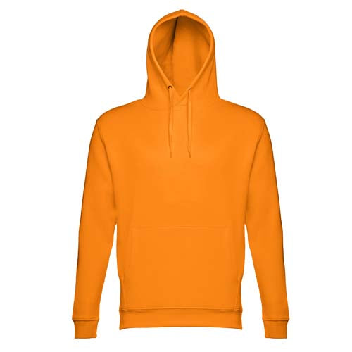 Sweatshirt adulto unissexo com capuz na cor laranja.