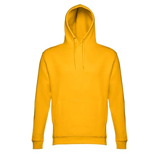 Sweatshirt adulto unissexo com capuz na cor mostarda.