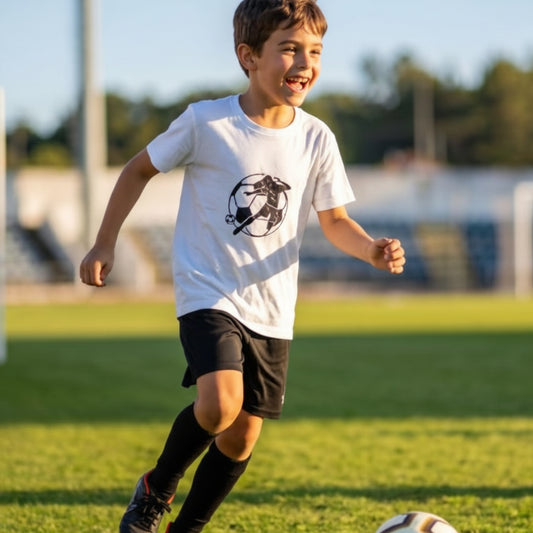 Menino a jogar futebol com t-shirt com bordado "futebolista".