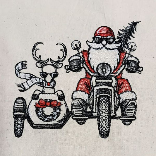 Bordado de Pai Natal e Rodolfo num sidecar!