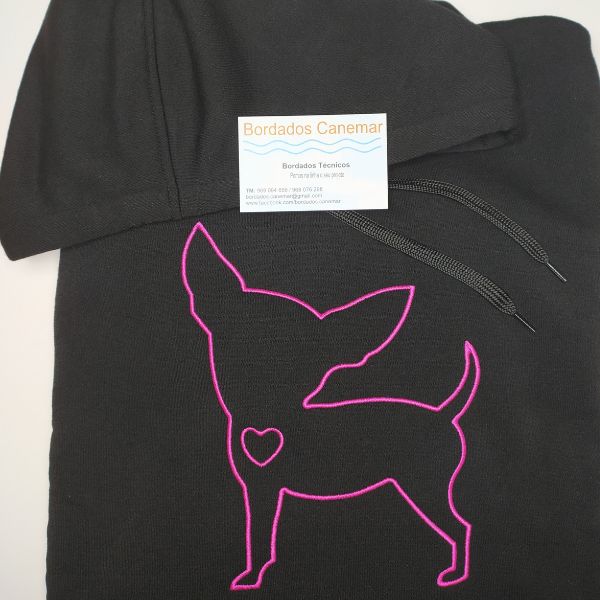 Sweatshirt preta com capuz com bordado a rosa choque "Love Chihuahuas".