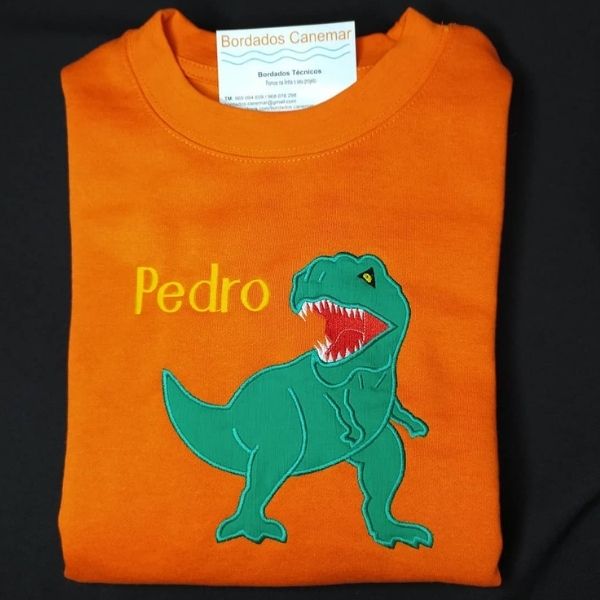 Sweatshirt criança laranja com aplicação e bordado T-Rex e nome Pedro.